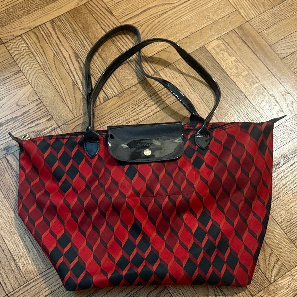 Longchamp Red and Black Geometric Tote